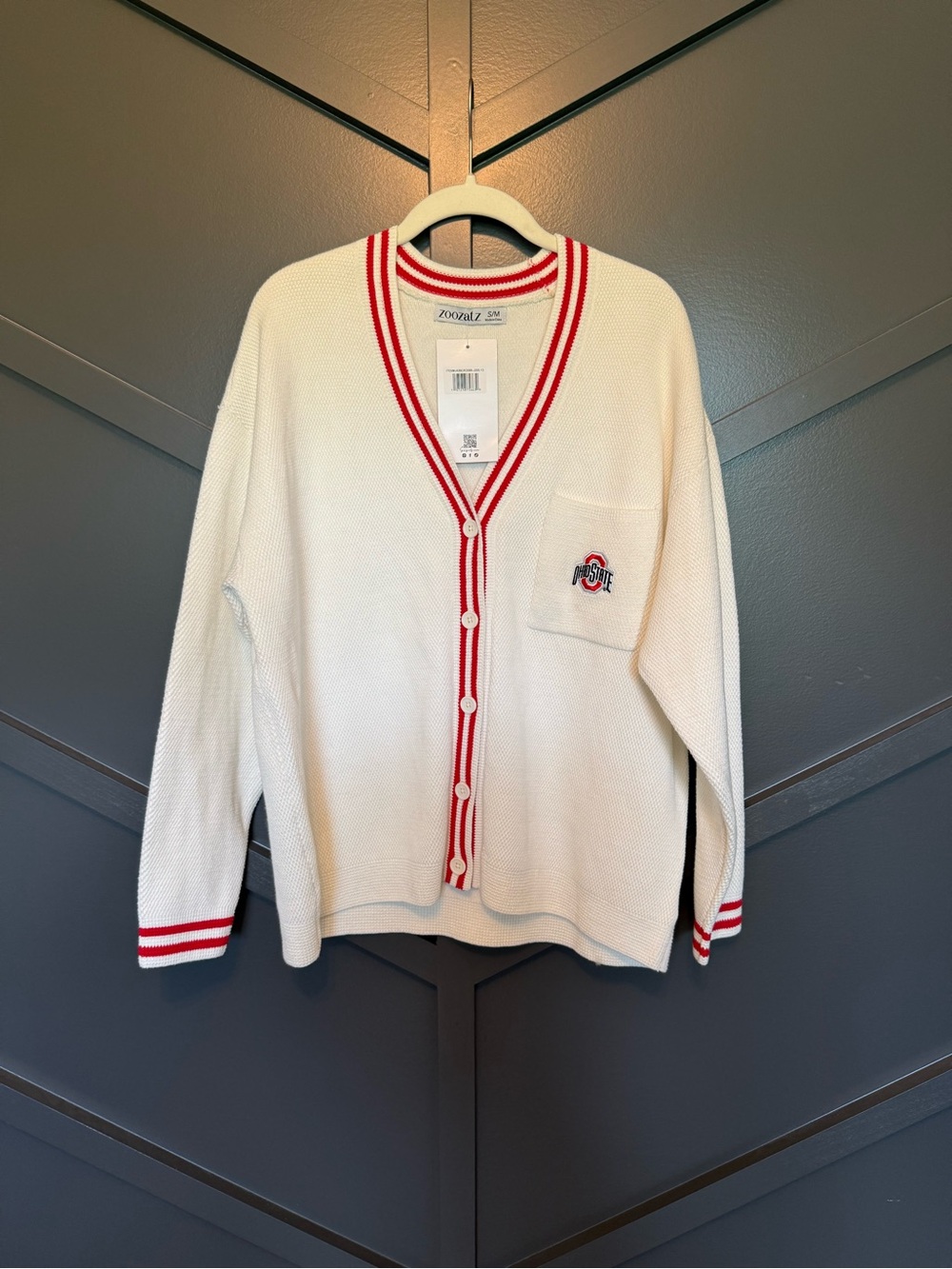☀️🌊 Zoozatz Ohio State University White V-Neck Cardigan Red Trim 100%cotton NWT
